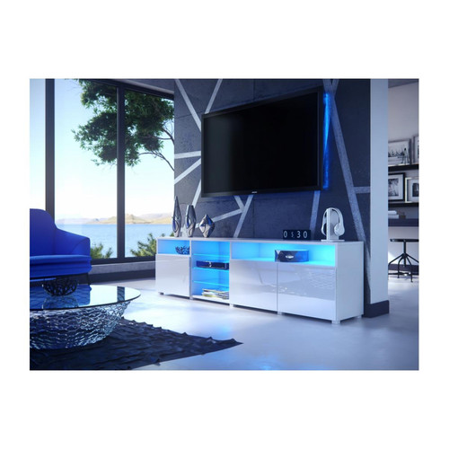 Dusine - MEUBLE TV MASSIMO 200 cm Blanc Mat et portes Blanc Laquées LED RGB - Meubles TV, Hi-Fi Design