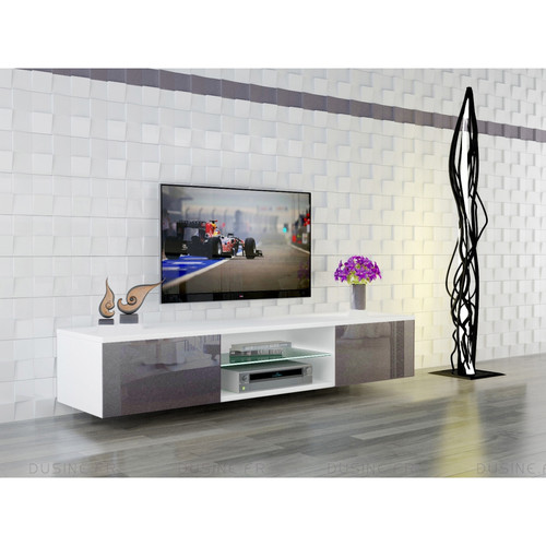 Meubles TV, Hi-Fi Meuble LED suspendu ou posé TV Giorgio Blanc mat et Gris Laqué 160 cm