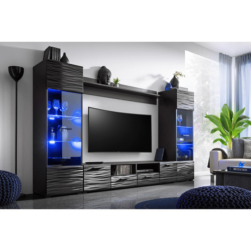 Dusine - Meuble salon Queen 260 cm NOIR Laqué TV Effet 3D avec LED - Dusine