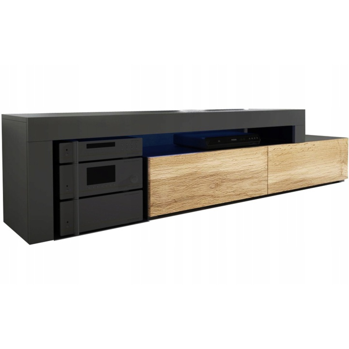 dusine meuble tv flex noir avec facade bois - extensible / angle 148 à 280 cm led