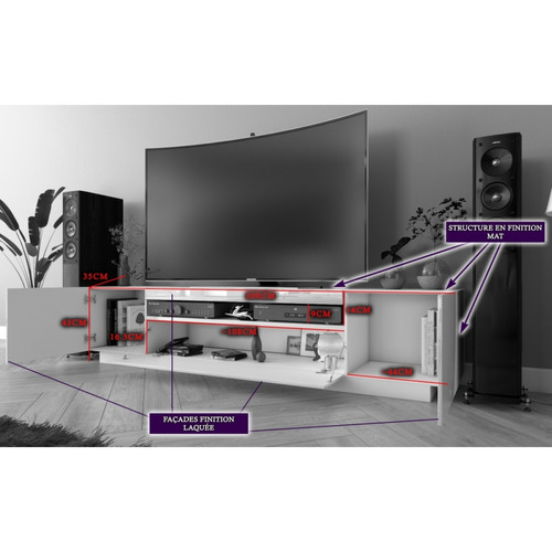 Meubles TV, Hi-Fi Meuble TV KUSH BLANC mat 200 cm avec portes laquées