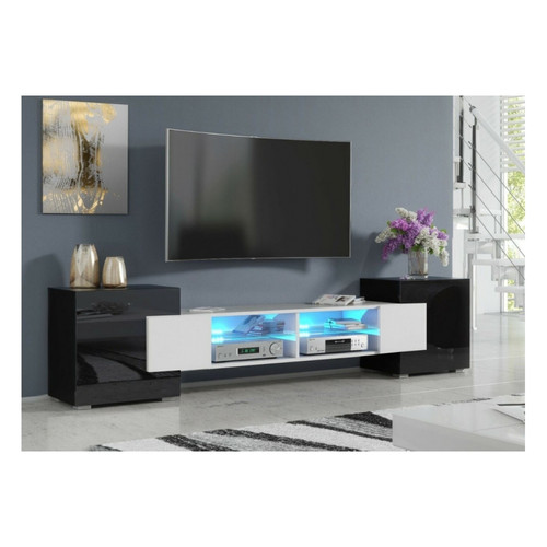 Meubles TV, Hi-Fi Dusine MEUBLE TV PABLO 230 cm avec LED Blanc Mat et Noir Laqué