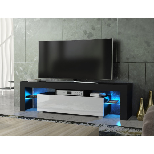 Dusine - Meuble TV SPIDER à LED en Noir MAT avec porte Blanc Laqué 160 cm - Meubles TV, Hi-Fi