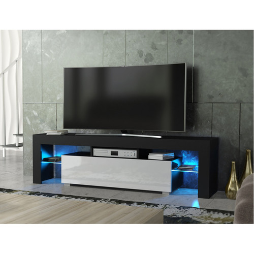 Dusine - Meuble TV SPIDER à LED en Noir MAT avec porte Blanc Laqué 160 cm - Meubles TV, Hi-Fi Design