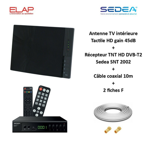 Elap - Antenne TV TNT Intérieure Tactile HD VHF UHF, Gain 45dB ELAP + Récepteur TNT HD DVB-T2 Sedea SNT 2002 + Cable coax 10m + 2 fiches F Elap  - Tv dvb t2