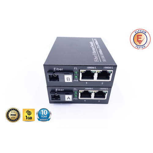 Elfcam Lot de 2 Convertisseur Fibre Ethernet, Convertisseur de Média SFP (mini-GBIC) Inclus, Jusqu'à une Distance de 20KM sur Fibre Optique SC Monomode (2 X 2 Ports RJ45)
