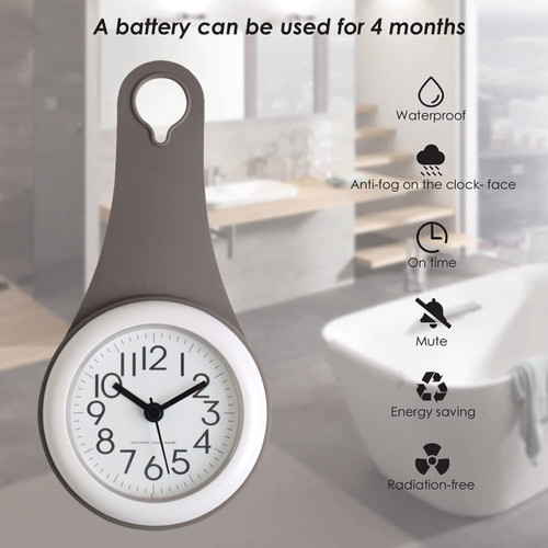 Réveil Horloge de salle de bain simple, cuisine, horloge ventouse domestique étanche et silencieuse grise