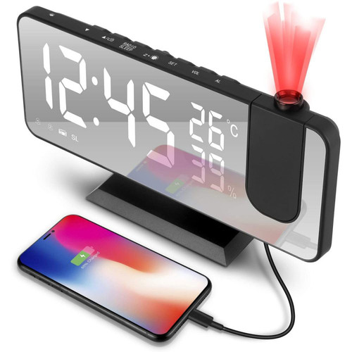 Elixir - Réveil à projection, réveil numérique avec projection, radio-réveil avec connexion USB, grand écran LED, Snooze double alarme, luminosité de projection avec variateur automatique, - Radio Reveil CD Réveil