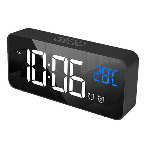 Réveil Elixir Réveil numérique, horloge électronique à miroir LED, horloge de bureau avec commande vocale, double alarme, Snooze noir