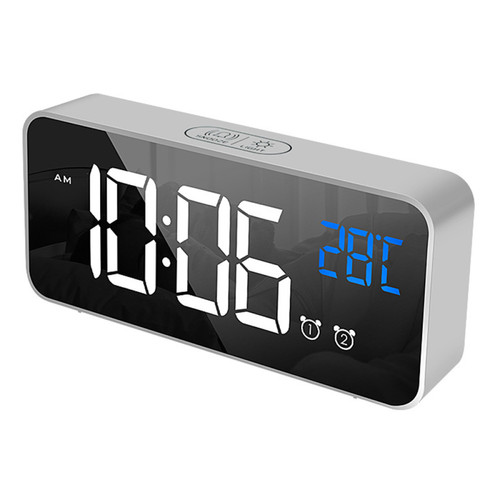 Elixir - Réveil numérique, horloge électronique miroir LED, horloge de bureau avec commande vocale, double alarme, Snooze argent Elixir  - Réveil