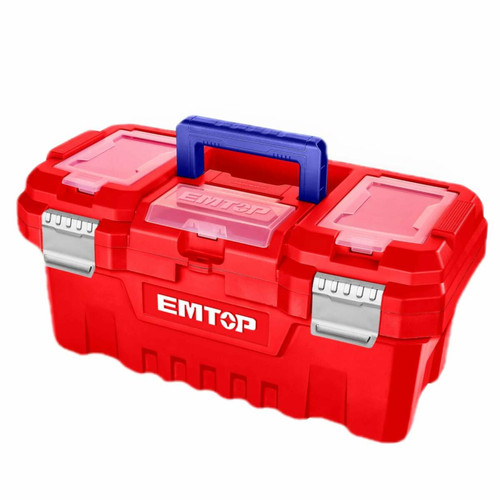 Boîtes à outils EMTOP Boîte à outils en plastique EMTOP 20 Charge maximale 20Kg Boucle en métal Poignée haute résistance Couvercle supérieur avec trois zones de rangement Contient 1 plateau en plastique+EMTOP
