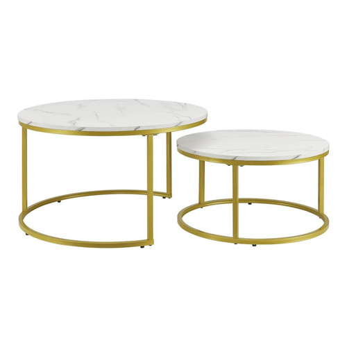 En.Casa Set de 2 tables basses Christchurch rondes gigognes effet marbre blanc / doré [en.casa]