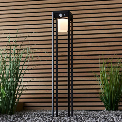 Lampadaire Lampe de borne haute à LED dimmable à énergie solaire moderne texturée noire, capteurs de mouvement et de nuit PIR, blanc chaud, IP44