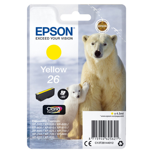 Epson Singlepack Yellow 26 Claria Premiu 26 cartouche encre jaune capacite standard 4.5ml 300 pages 1-pack RF-AM blister