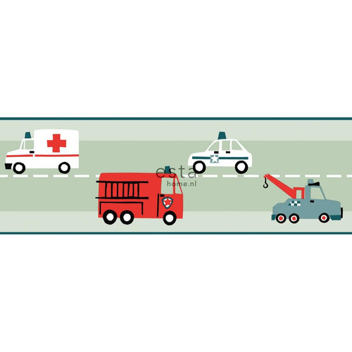 ESTAhome - ESTAhome frise de papier peint adhésive voitures, camions de pompiers, hélicoptères et grues vert menthe - 170002 - 18 cm x 5 m - Chambre Enfant Bleu, rouge, vert