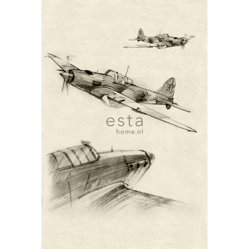 ESTAhome - ESTAhome papier peint panoramique croquis d'avions beige et gris - 158805 - 186 cm x 2.79 m - ESTAhome