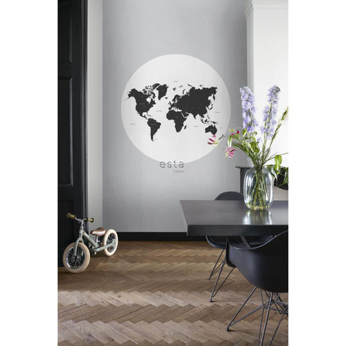Décoration chambre enfant ESTAhome papier peint panoramique rond adhésif carte du monde noir et blanc - 159009 - Ø 140 cm