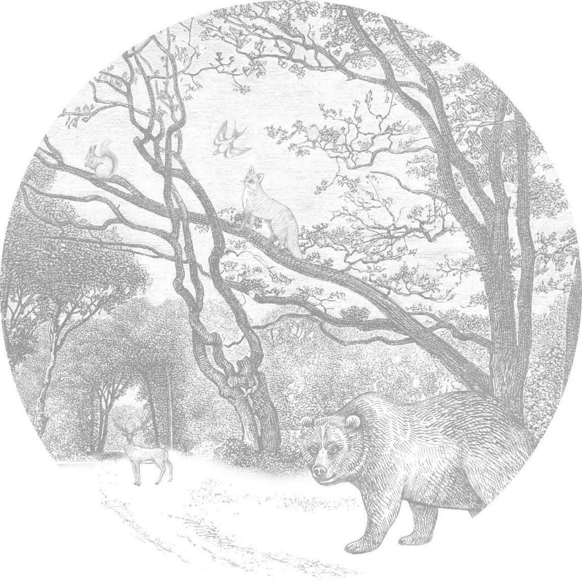 ESTAhome ESTAhome papier peint panoramique rond adhésif forêt avec des animaux de la forêt gris - 159070 - Ø 70 cm