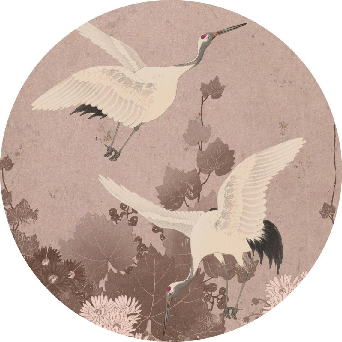 ESTAhome ESTAhome papier peint panoramique rond adhésif oiseaux de grue gris rose - 159019 - Ø 140 cm