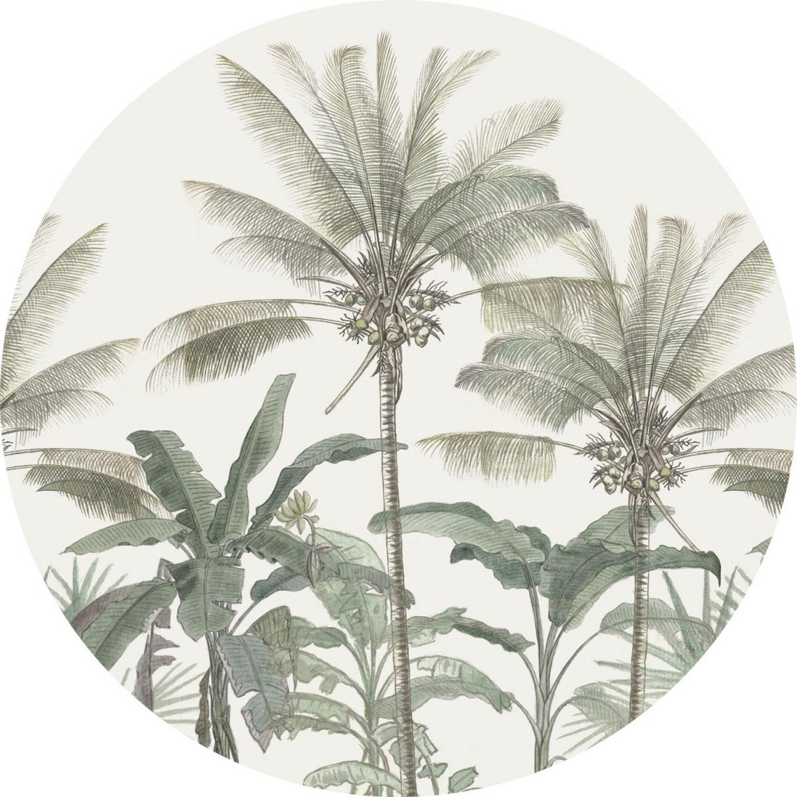 ESTAhome ESTAhome papier peint panoramique rond adhésif palmiers beige clair et vert grisé - 158983 - Ø 70 cm