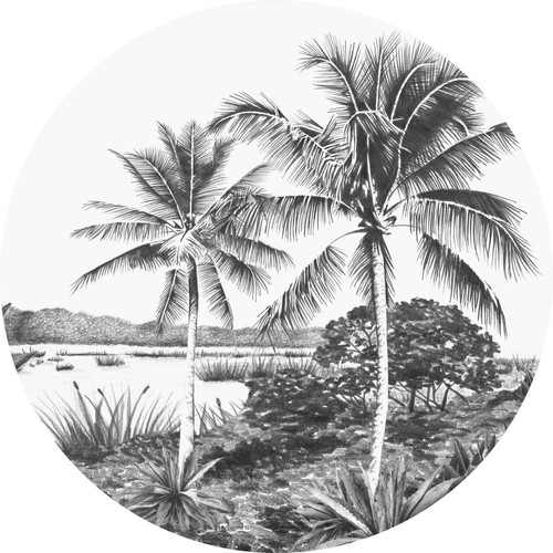 ESTAhome - ESTAhome papier peint panoramique rond adhésif paysage tropical avec des palmiers noir et blanc - 158981 - Ø 70 cm - Décoration chambre enfant Argent, noir, rosa