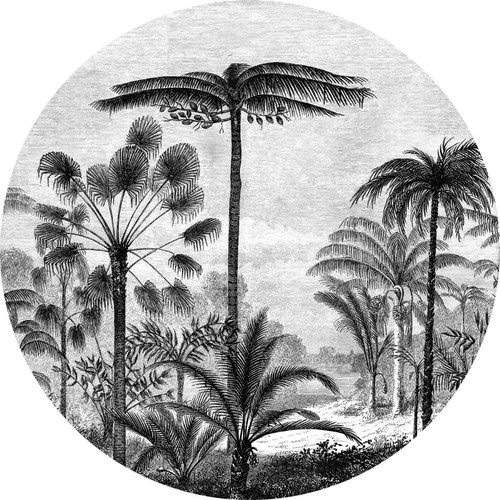 ESTAhome - ESTAhome papier peint panoramique rond adhésif paysage tropical avec des palmiers noir et blanc - 159006 - Ø 140 cm ESTAhome   - Décoration chambre enfant Noir et blanc