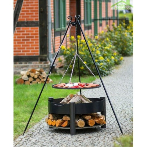 Accessoires barbecue Farm-Mdlt Grille barbecue sur trépied + Brasero avec range bois SOLAFA en acier