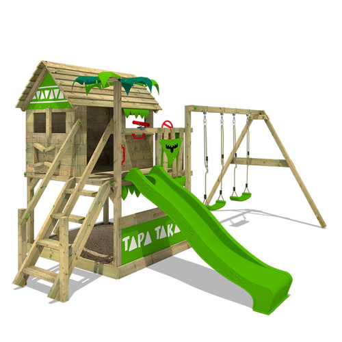 Aire de jeux Fatmoose Aire de jeux  Portique bois TapaTaka avec balançoire et toboggan vert pomme Maison enfant extérieure avec bac à sable