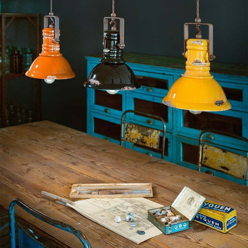 Ferroluce - Lampe suspendue en fer et céramique peinte à la main design vintage SO industriel Ferroluce  - Lampe à lave Luminaires