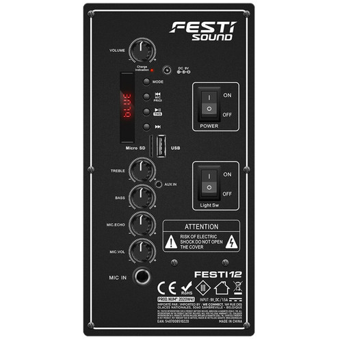 Retours de scène Enceinte Active - FestiSound FESTI12 - 12" 31CM - 600W - sur Batterie - Effet RING LED - USB SD Bluetooth TWS - 2 Micros