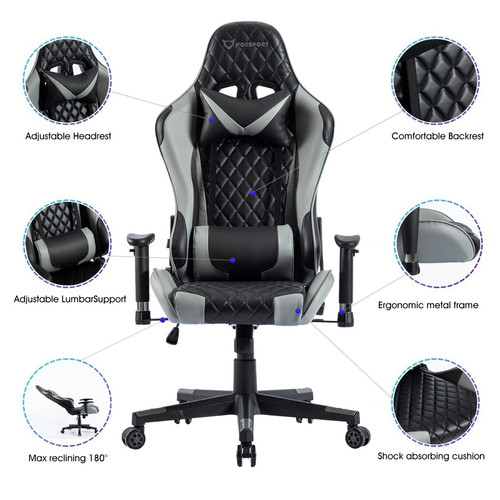 FOXSPORT Chaise gaming, fauteuil gamer pivotant,chaise de jeux avec siège ergonomique, dossier haut, assise rembourrée et confortable