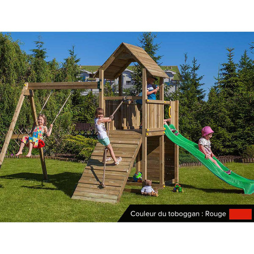 Playtown - Aire de jeux de jardin bois tourelle toboggan balançoire escalade Carol-3 - Jeux d'enfants