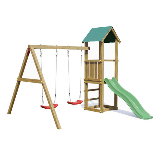 Playtown - Tour avec toboggan balançoire double aire de jeux de jardin en bois Lucas - Jeux d'enfants