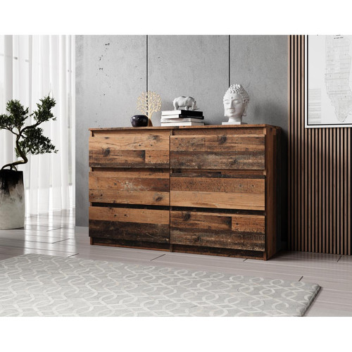 Furnix - Furnix Commode / Meuble de rangement ARENAL avec 6 tiroirs 119 x 37 x 76 cm vieux bois style moderne - Chambre