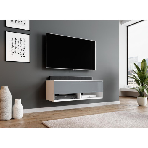Furnix - Furnix Meuble tv / Meuble tv suspendu ALYX 100 x 32 x 34 cm style industriel blanc mat / gris brillant sans LED - Meuble TV suspendu Meubles TV, Hi-Fi
