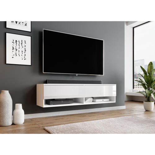 Furnix - Furnix Meuble tv / meuble tv suspendu ALYX 140 x 32 x 34 cm style industriel blanc mat / blanc brillant sans LED - Meuble TV suspendu Meubles TV, Hi-Fi