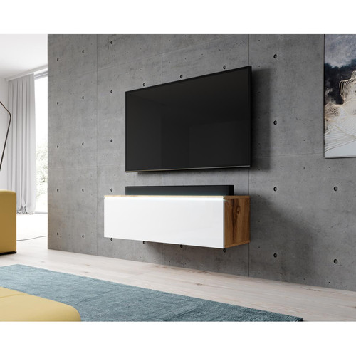 Meubles TV, Hi-Fi Furnix Meuble tv / meuble tv suspendu BARGO 100 x 32 x 34 cm style contemporain chêne wotan mat / blanc brillant avec LED