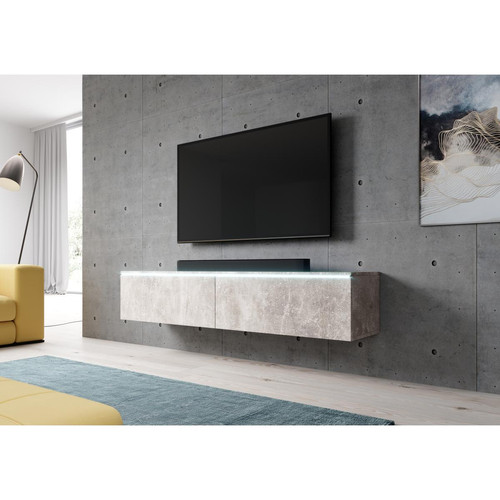 Furnix - Meuble tv / meuble tv suspendu BARGO 140 x 32 x 34 cm style contemporain béton mat avec LED - Meuble TV suspendu Meubles TV, Hi-Fi