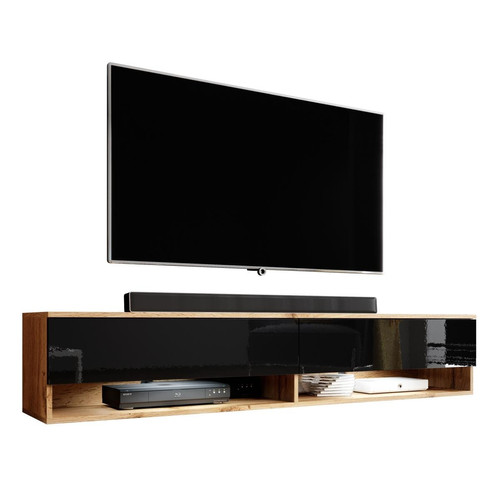 Meubles TV, Hi-Fi Meuble tv debout / suspendu ALYX 180 x 32 x 34 cm style industriel chêne wotan mat / noir brillant avec LED