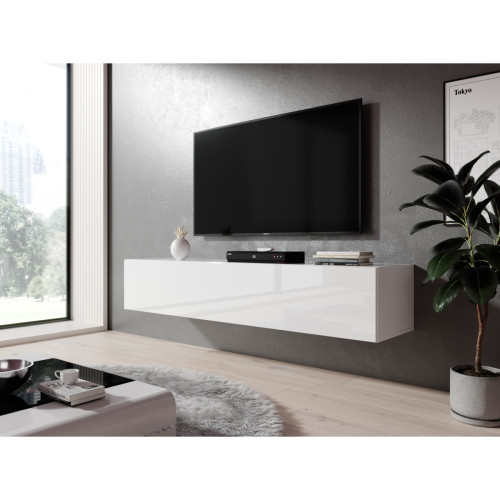 Furnix - Meuble tv / meuble suspendu ZIBO 160 cm blanc mat / blanc brillant style moderne avec compartiments fermés - Meubles TV, Hi-Fi