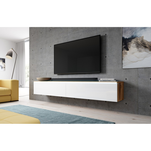 Furnix - Meuble tv / meuble tv suspendu BARGO 200 (2x100) x 32 x 34 cm style contemporain chêne wotan mat / blanc brillant avec LED - Meubles TV, Hi-Fi Rectangulaire