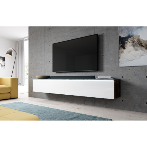 Furnix - Meuble tv debout / suspendu BARGO 180 x 32 x 34 cm style contemporain vieux bois mat / blanc brillant avec LED Furnix  - Meubles TV, Hi-Fi 180