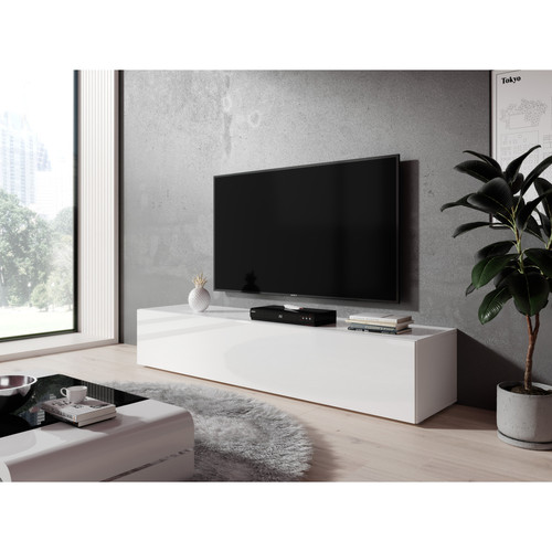 Furnix - Meuble tv debout / suspendu ZIBO 160 cm blanc mat / blanc brillant style moderne avec compartiments fermés - Meuble TV suspendu Meubles TV, Hi-Fi
