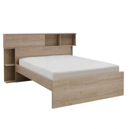 Gami GAMI - Calvi lit adulte + tête de lit avec rangement 1 porte - décor chêne - 140x190 cm