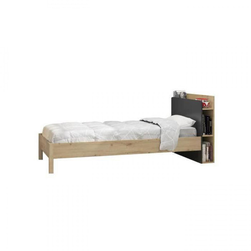 Gami - GAMI - ensemble lit enfant + tête de lit avec rangement - décor chêne artisan et noir - 90x190 cm - Chatel - Gami