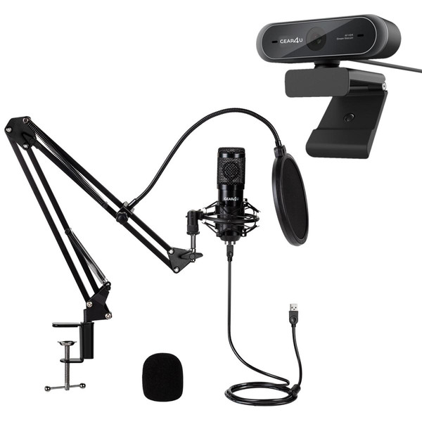 Microphone PC Gear4 Pack Streaming GEAR4U Microphone ec Support de Bras Filtre Anti-Pop + Webcam Full HD 1080p pour Streamer