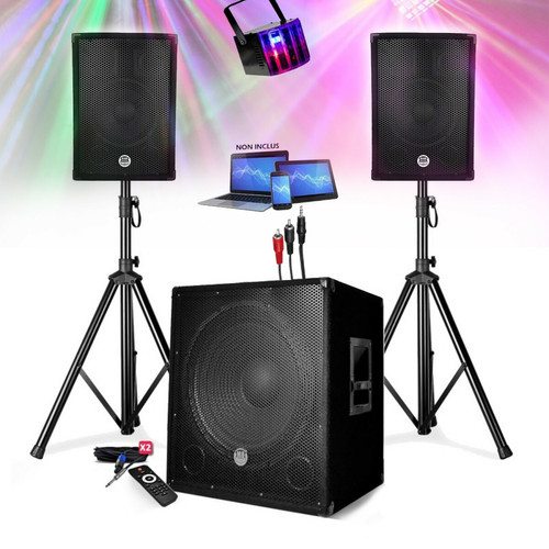 Packs DJ Gefroy PACK SONO ENCEINTE + SUBWOOFER  1800W USB Bluetooth + PIEDS + CABLES et DERBY LED offerts - PA DJ SONO MIX Soirée disco mobile