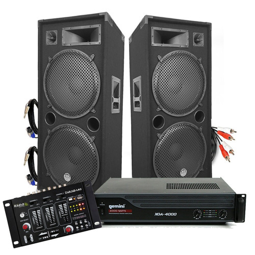 Gemini - Pack Sonorisation DJ PA Enceintes 2x15"/38cm 4000W bassreflex BM SONIC + Ampli XGA 2000W avec Table de mixage Ibiza + CABLES Gemini  - Amplis sono