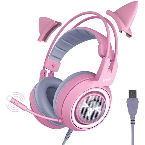 Generic - Casque de jeu rose pour PC, PS4, ordinateur portable : 7.1 Virtual Surround Sound Casque d'oreille de chat détachable LED, USB, léger auto-ajustable sur l'oreille pour petite amie femme Generic - Bonnes affaires Generic