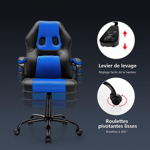 Chaises GIANTEX Chaise de Bureau Ergonomique Inclinable 90-115° Chaise Gaming Pivotante Hauteur du Siège Réglable 48-57,5CM Support Lombaire Bleu